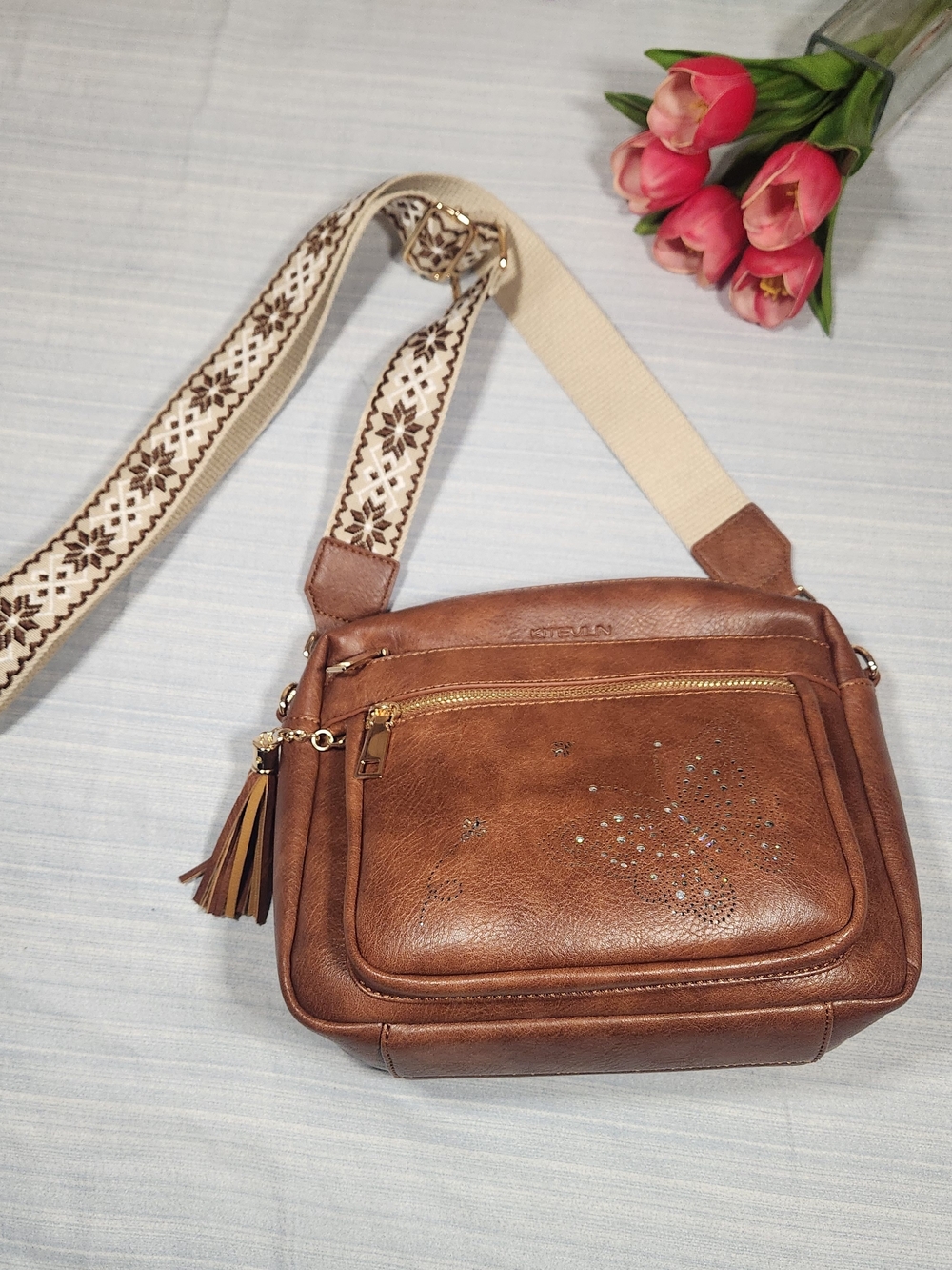Brown Boho Butterfly Crossbody Bag with Printed Strap